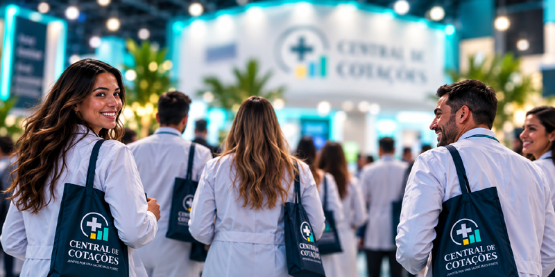 Farmacêuticos e farmacêuticas caminhando em direção ao estande da Central de Cotações